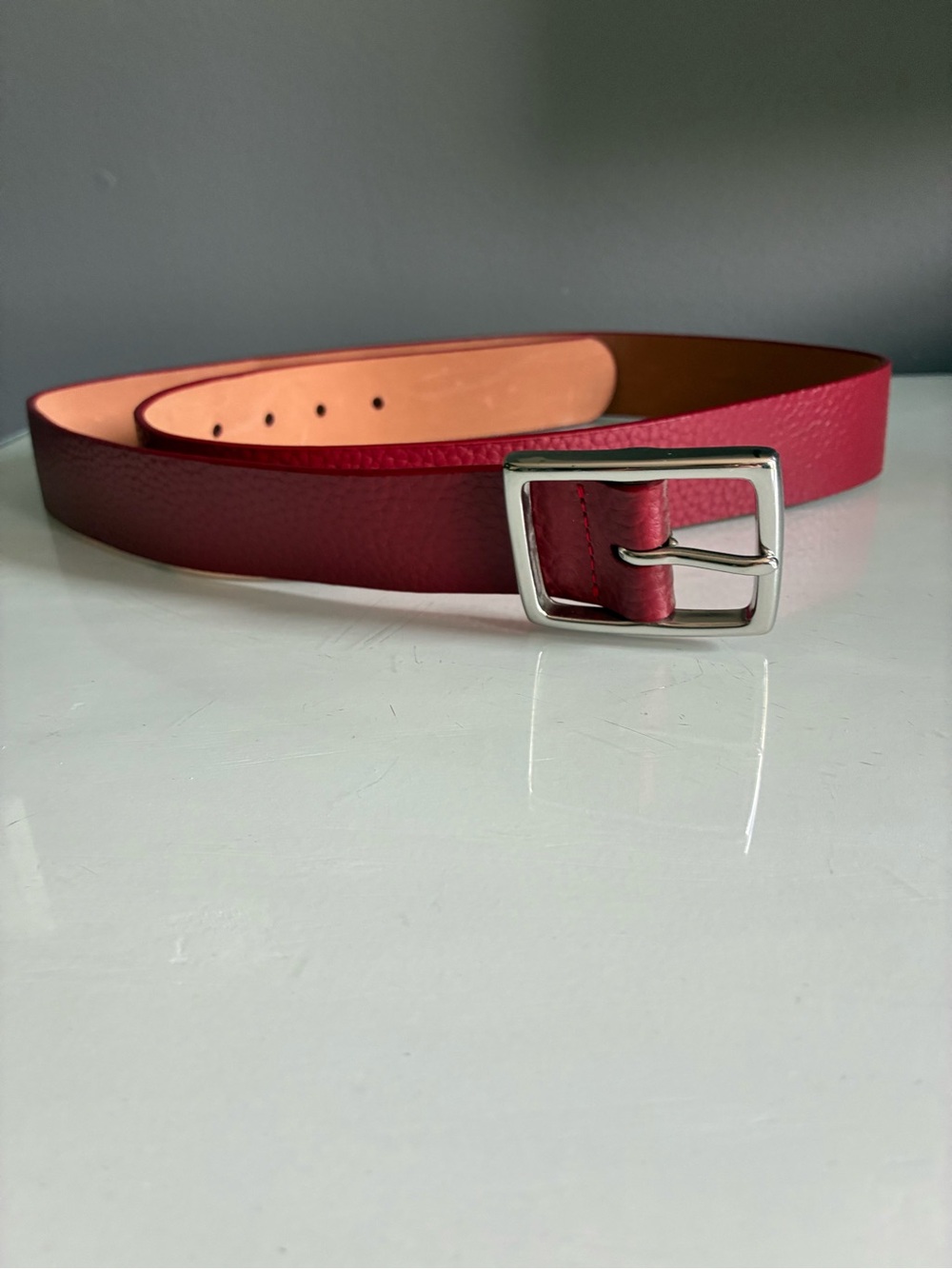 Red Genuine Leather Belt With Silver Buckle